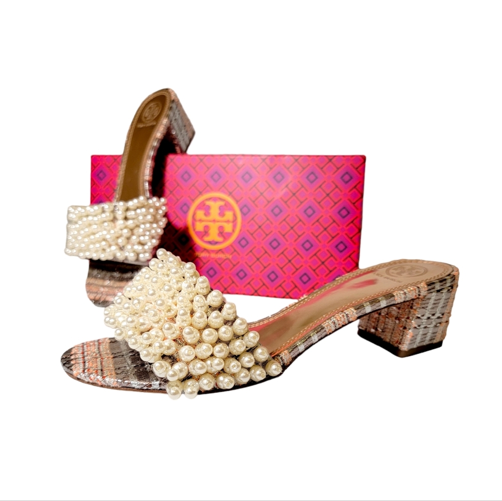 Tory Burch Tatiana Pearl-Embellished Slide Sandals in Ivory and Multicolor